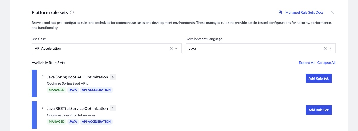 Platform rule sets: curated, pre-configured configurations by use case and language